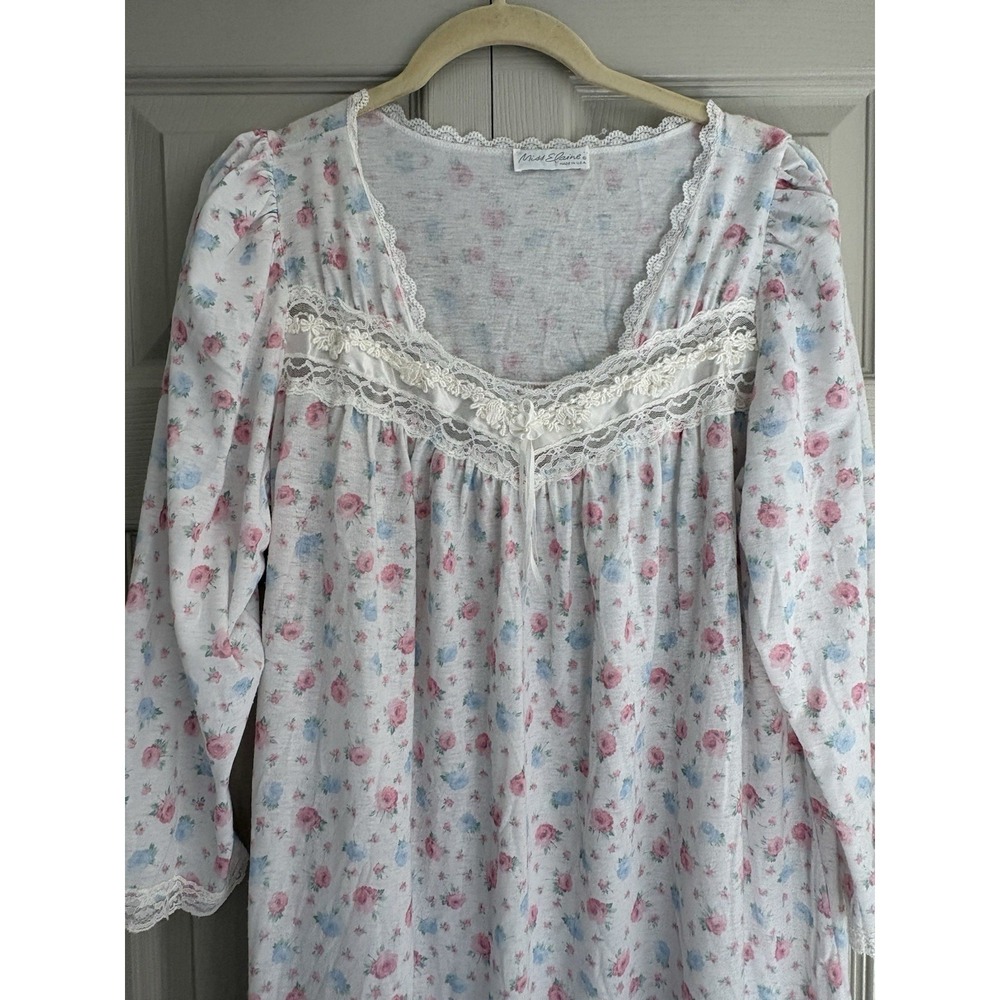 Vintage Miss Elaine Nightgown Floral Lace Cotton Balloon‎ Sleeve Large Flawed - Picture 3 of 12